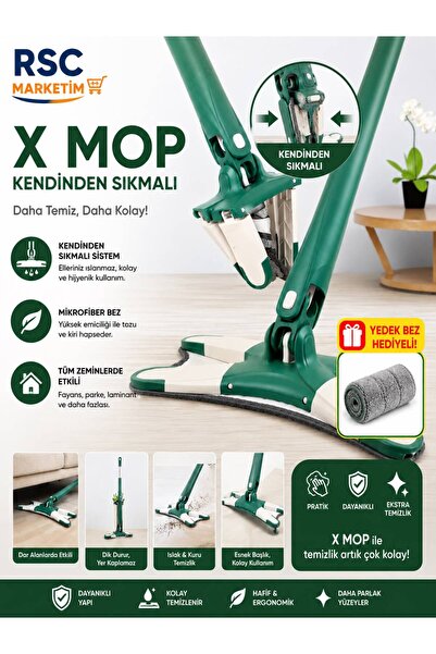 RSC MARKETİM 360 Derece Dönebilen Kendinden Sıkmalı X Mop Paspas 1 Adet YEDEK...