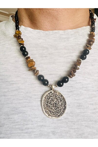 DEVİ fashion Tiger's Eye and Agate Natural Stone Disc Necklace 55 cm