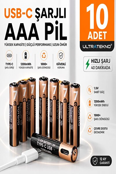 ULTRATEKNO USB Type-C Şarjlı AAA İnce Kalem Pil 1.5V 1200mWh 10 Adet (5 Paket...