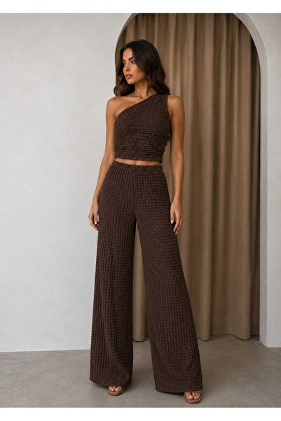 Xenthe Kahverengi Kadın Yazlık Gofre Kumaş Tek Omuz Crop - Bol Paça Pantolon ...