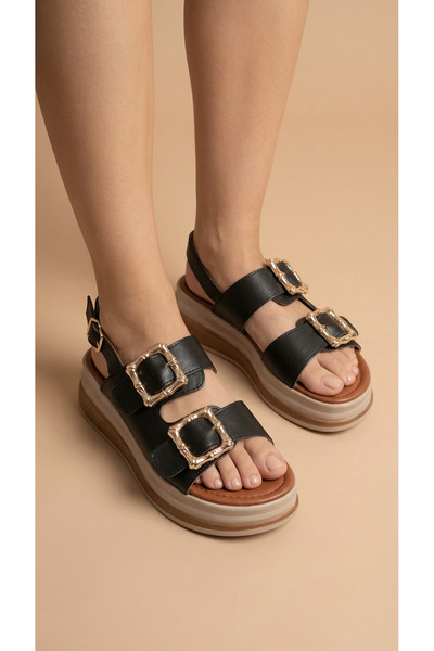 Moda Lime Thick Square Double Gold Buckle Detailed High Heel Ankle Buckle Women's Summer Sandals