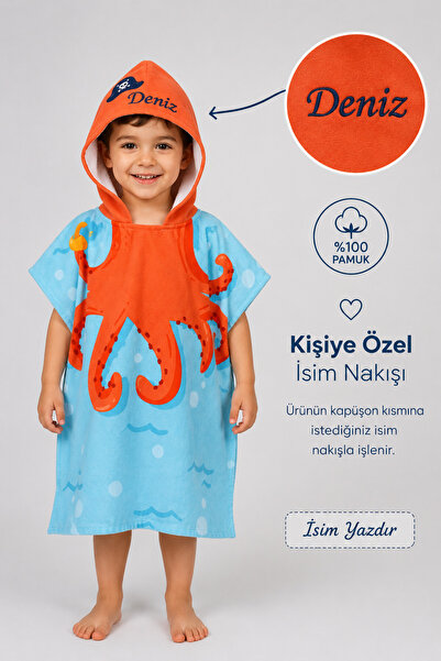 minilee children's happiness Kaptan Ahtapot - İsimli Çocuk Kapşonlu Panço Hav...