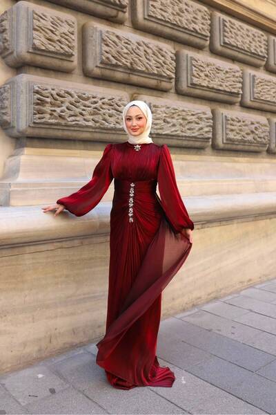 asyadabutik فستان سهرة نسائي من قماش يوريو بتفاصيل من القماش والأحجار، بأكمام...
