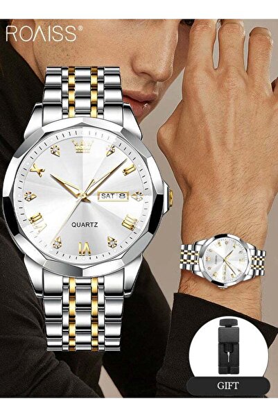 ROAISS Mens Quartz Watch Stainless Steel Strap Round Gold Dial Rhombic Coated...