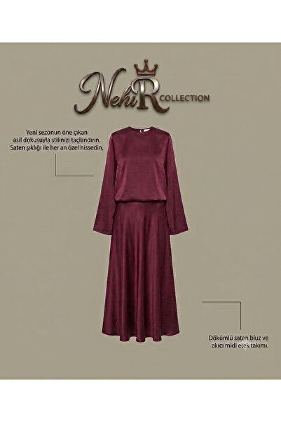 Nehircollection Bordo İpek Saten Dokulu Bluz ve Etek Takım - Şık ve Modern Kombin