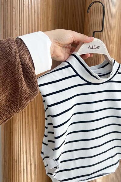 ALLDAY Ecru-Black-Cotton Striped Zero-Sleeve Crop Undershirt