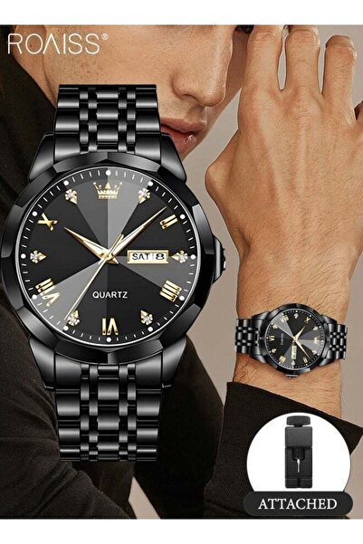 ROAISS Mens Quartz Watch Stainless Steel Strap Round Gold Dial Rhombic Coated...