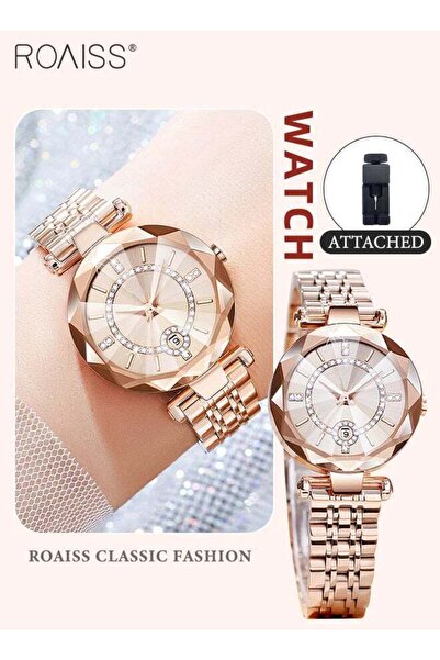 ROAISS Women's Quartz Watch with Steel Strap Round Dial Zirconium Diamond Dec...