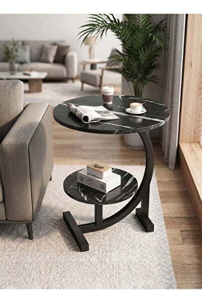 Taimi Stylish 2-Tier C-Shaped Side Table - Wooden Top and Metal Frame,Black C...