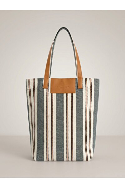 AGANTA LIDO Çizgili Canvas Tote Çanta – Gri Mavi