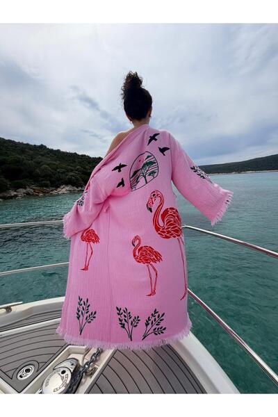 HilyMily Kimono Pembe Flamingo %100 Pamuklu Standart Beden