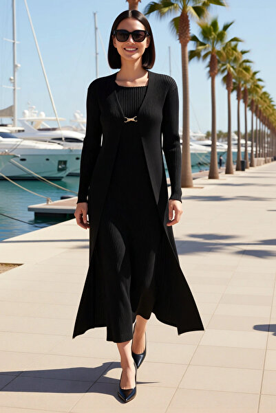 BENERLY Women's Plus Size Long Sleeve Ribbed Knitwear Dress Cardigan Set Buck...