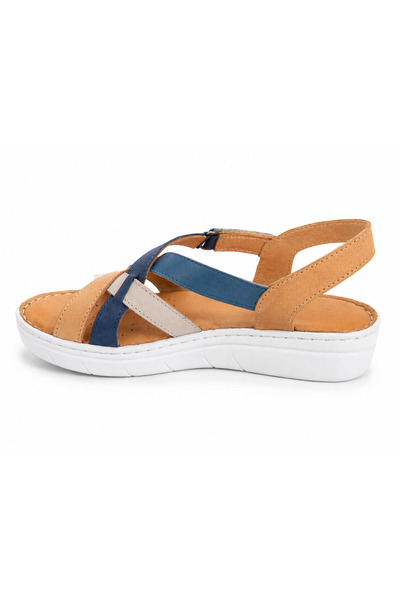 Castle Black Gardenia Beige -Blue Detailed- Genuine Leather Women's Sandals