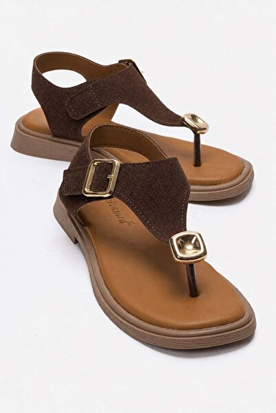 CCWAY AYAKKABI Women's Sandals with Stones between the Toes Brown Suede