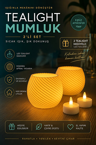 Tofu Tealight Led Mumluk | 2'li Mumluk Set + Hediye 2 Led Tealight