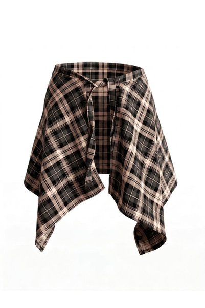 josef mariyy Plaid Patterned Asymmetrical Mini Skirt with Tie at the Waist (Leggings & Trousers Top Combination) Red Color