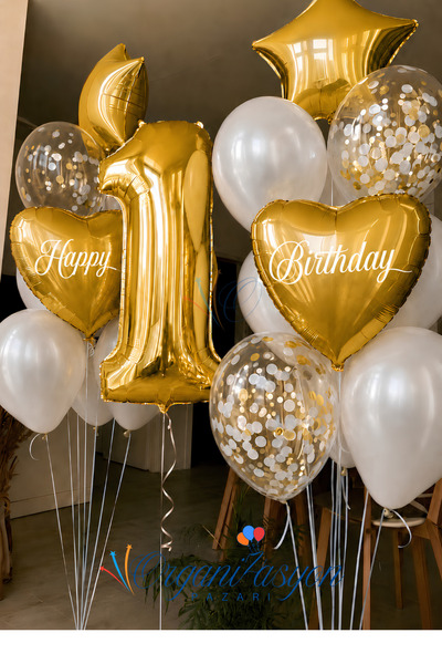 Organizasyon Pazarı Gold Rakam 1 Yaş Balon Seti Gold Kalp Yıldız Konfeti | Ha...