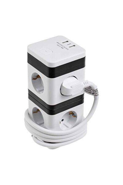 OEM Priză Turn Schuko, Alb/Negru, 8 prize, USB-C, USB, 3680W, 1,25m