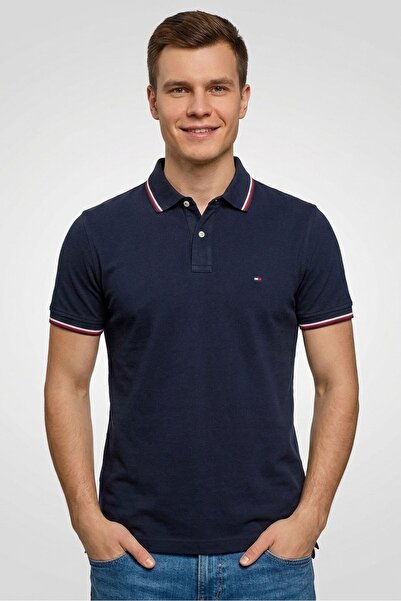 Tommy Hilfiger قميص بولو رجالي بأكمام قصيرة وتطريز، بقصة ضيقة، باللون الكحلي