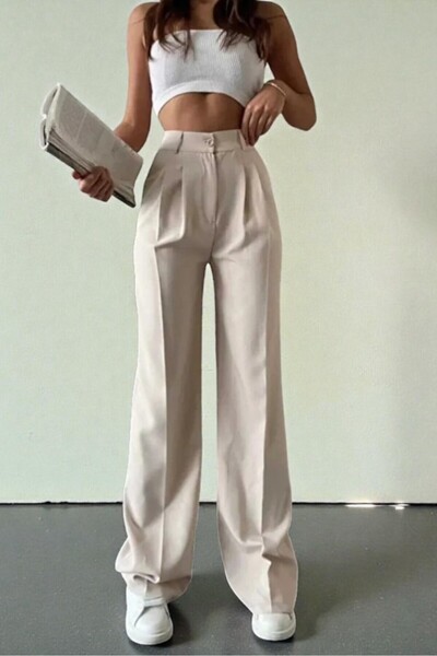 Livik Cream Modern Cut Wide Leg Fabric Trousers