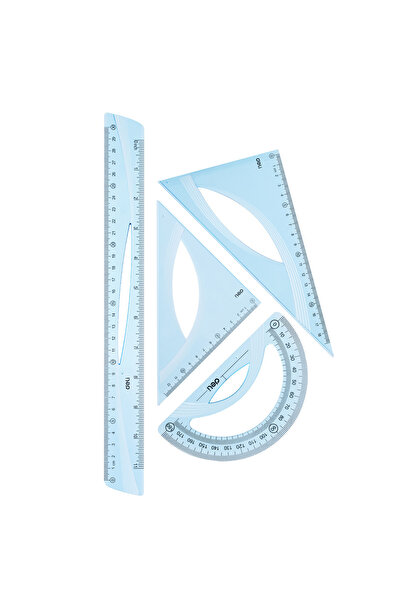 Deli Set de geometrie 4 piese albastru transparent (riglă 30cm, 2 echeri, rap...