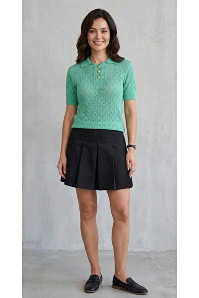 EGEMS Women's Short-Sleeved Summer Hollowed-Out Stylish Acrylic Shirt Collar ...