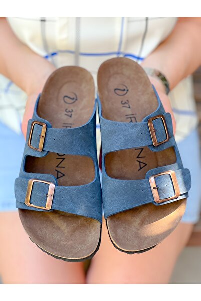 BERFONA Stella Blue Double Buckle Daily Flat Sole Women's Slippers