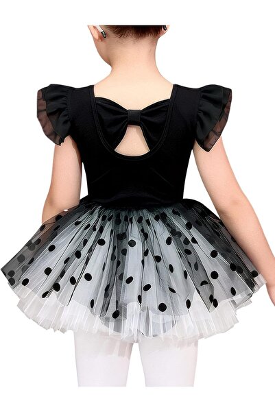 SOLLUXE Costum balet si gimnastica fete, body bumbac cu fusta tutu cu buline ...