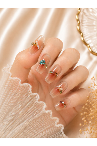 OrientC 10PCS 3D Flower Press On Nails with Rhinestones, Elegant Gradient Fal...