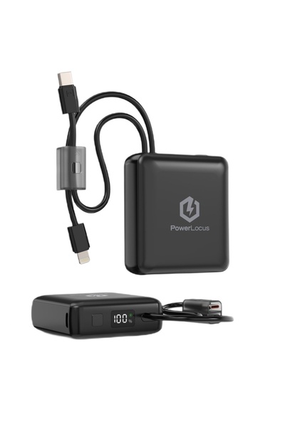 PowerLocus Baterie externă 10000mAh, încărcare rapidă PD 20W, cabluri integra...