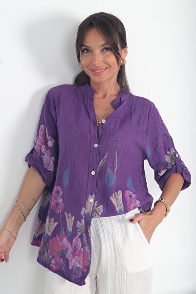By Saygı Women's Italian Oversized Cotton Shirt with Big Floral Prints on the...