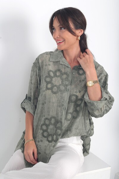 By Saygı Women's Brode Patterned Italian Silk Tunic Shirt
