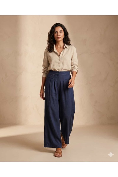 Punta Otantik Pts24250049 Elastic Waist Pleated Linen Cotton Hiva Trousers Na...