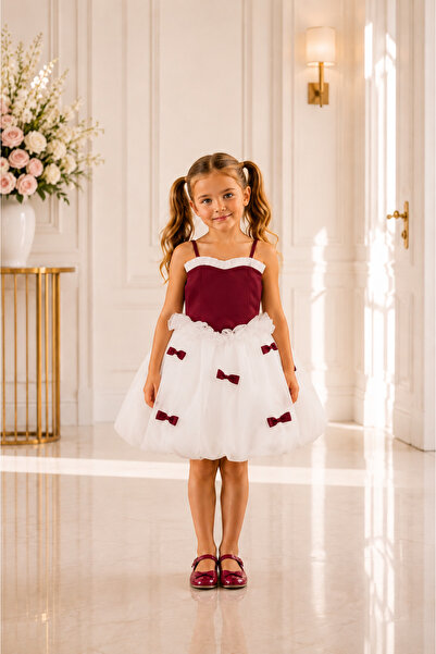 She Dress By Kubra Aksoy Shedress Bordo ve Beyaz Fiyonklu Tütü Kız Çocuk Elbi...