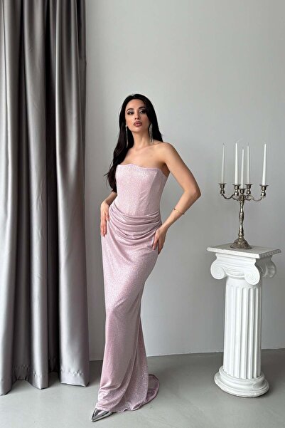 Serica Moda Pudra Straplez Simli Drapeli Uzun Abiye Elbise