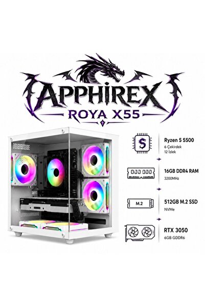 Apphirex ROYA X55 Ryzen 5 5500 16GB RAM 512GB M2 SSD RTX3050 GDDR6 Beyaz Masa...