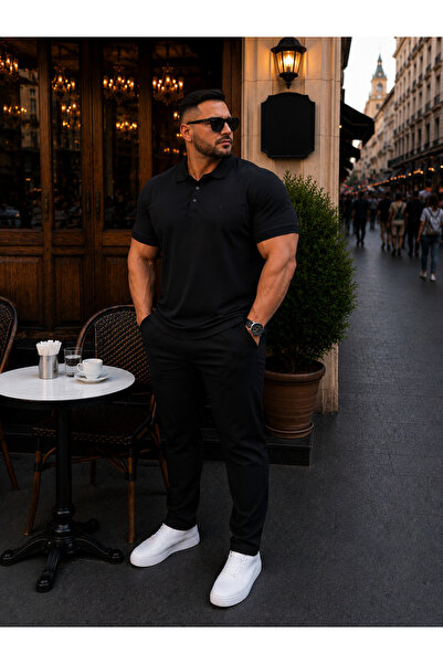 Maccali Men's Large Size Imported Textured Premium Fabric Basic Black Polo Ne...