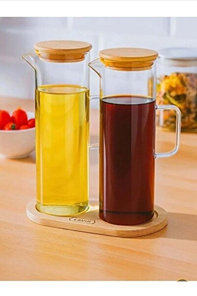 DİLAY HOME Set of 2 Glass Oil and Vinegar Bottles with Bamboo Base – 400 ml