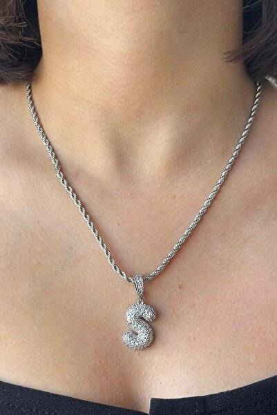 Haziran Accessory Balon Model Large Letter, Silver Steel Women's Necklace
