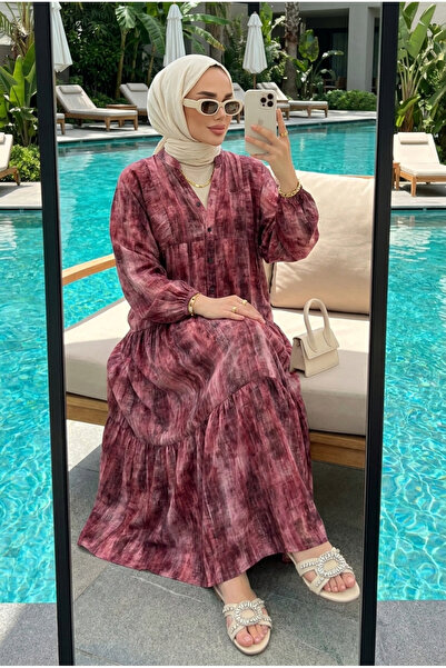 Kirazca Butik Kadın Batik Desenli Kat Kat Viskon Tesettür Elbise – Yazlık Rah...