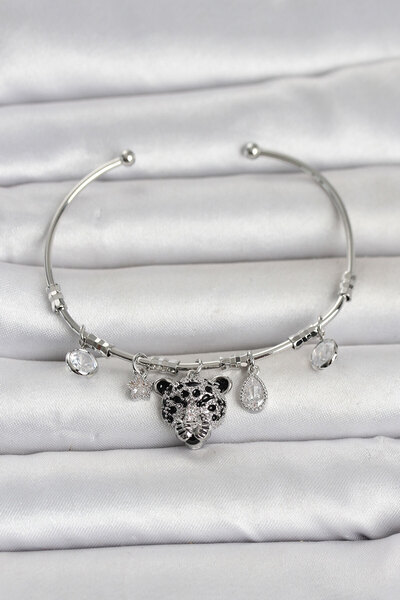 Hobibahçem Brass Silver Color Leopard Detailed Charm Women's Bracelet