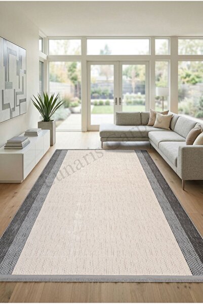 Zmt21 Krem-Gri Modern İnce Akrilik Yumuşak Dokulu Salon Oturma Odası Yolluk Koridor Halısı