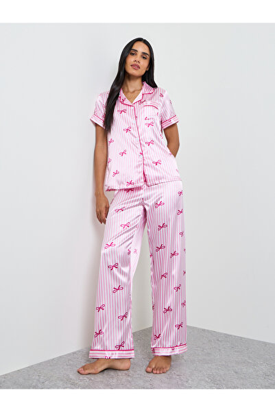 Take Two By Styli Pink Bow Print Striped Shirt and Pyjama Set