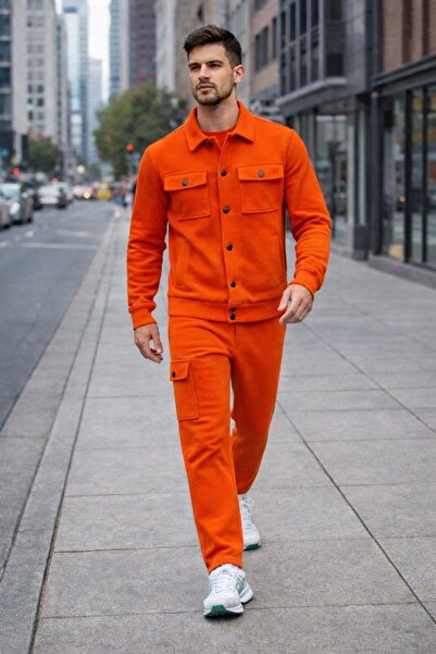 grand coco Men's Winter 3 Threaded Orange Cargo Pocket Sweatpants Set