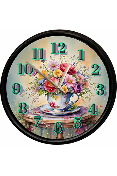 Caseras Decorative Wall Clock with Flower Bouquet and Elegant Cup Design 28 c...