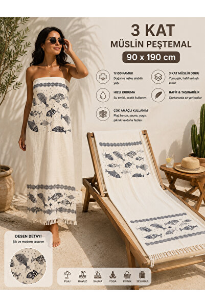 Store 3 Kat Müslin Peştemal Balık Desenli %100 Pamuk Plaj Havlusu 90x190 cm Krem