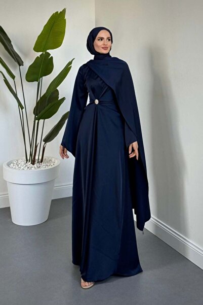 Pelora Side Cape Satin Evening Dress Navy Blue