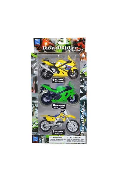 New Ray Set 3 motociclete metalice, New Ray, Suzuki, Kawasaki, Suzuki, 1:18