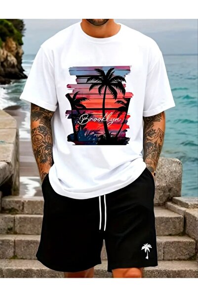 ELAN WEAR White Printed Women'S/Men's Unisex T-Shirt Shorts 2-Piece Set Overs...