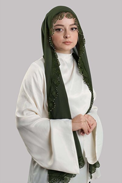 HÜRREM BONE Khaki Nikah Namaz Hijab Shawl Chiffon Beaded Laced 202131_09